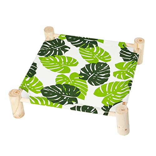 Patas Lague Cat and Dog Hammock Bed for Small Dogs, Brethable Wooden Cat Pet Rabbit Elevated Cooling Outdoor Bed Cots Furniture for Summer Monstera Leaf
