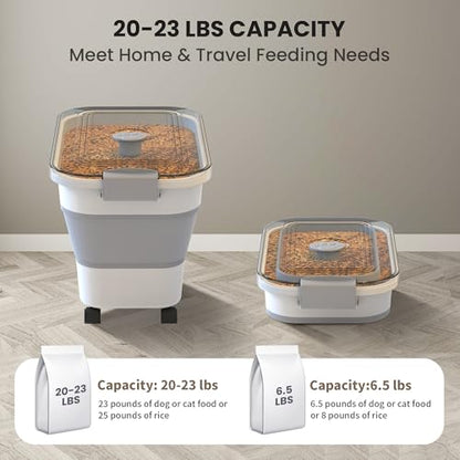 DDMOMMY 20-23 Lbs Dog Food Storage Container, Collapsible Dog Food Container with Transparent Airtight Lid,Multifunctional Pet Food Storage Container for Dog Cat,Rice,Flour,Pet Food Scoop and Dog Bowl