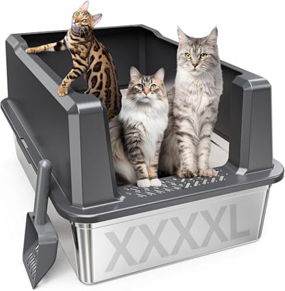 XXXL Stainless Steel Cat Litter Box with High Sides, 28" L x 20" W x 14" H Extra Large Litter Box for Big Cats and Multiple Cats, Enclosure Cat Litter Pan with Anti-Urine Leakage, Easy Clean