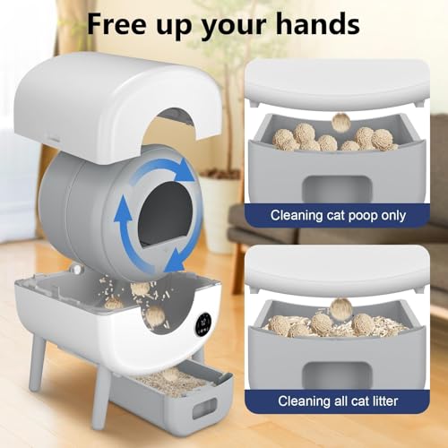 Cumrige Self Cleaning Litter Box, Large Capacity Automatic Cat Litter Box Self Cleaning for Cats, App Control,Safety Protection, 2 Roll Garbage Bags,White & Grey