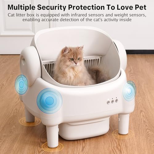 Self Cleaning Litter Box,Open Top Automatic Litter Box with App Control for Multiple Cats, Safety Sensors Protection, Odor Control Includes 2 roll Liners,Large Waste Bin, Cream White