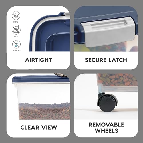IRIS USA 30 Lbs / 33 Qt WeatherPro Airtight Pet Food Storage Container with Attachable Casters, For Dog Cat Bird and Other Pet Food Storage Bin, Keep Fresh, Translucent Body, Easy Mobility, Navy