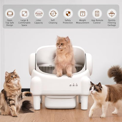 Self Cleaning Litter Box,Open Top Automatic Litter Box with App Control for Multiple Cats, Safety Sensors Protection, Odor Control Includes 2 roll Liners,Large Waste Bin, Cream White