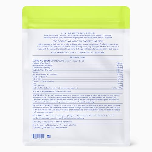 Native Pet The Daily Dog Vitamins & Supplements - 11-in-1 Multivitamin Powder for Dogs - Supports Whole Body Health, Digestion, Mobility & Immunity with Collagen, Glucosamine & Probiotics –120 Scoops