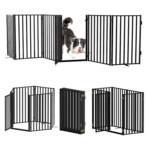 Lezbanz Full Metal Freestanding Dog Gates with Door, 32" Height Dog Fences for Indoor & Outdoor, Extra Wide Foldable Pet Gates for Stairs, Hallways, Doorways, Yard (6 Panels, 120" W × 32" H)