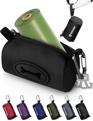 Gobeigo Dog Poop Bag Holder for Leash, Large Opening for Easy Pull Out, Doggy Poo Bag Dispenser with Used Waste Bag Carrier Suitable for Any Retractable Leash with 15 Unscented Bags (Black)