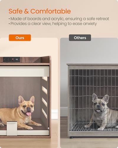Feandrea Modern Dog Crate Furniture with Charging Station, Medium Kennel Indoor with Flip-up Hidden Acrylic Door, for Small and Medium Dogs up to 45 lb, Pet Side End Table Cage, Natural Walnut