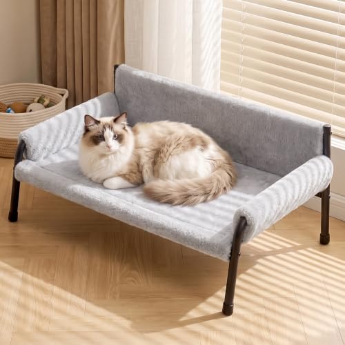 Elevated Cat Couch Bed for Indoor Cats, Metal Frame Cat Sofa Up to 60 Lbs | Soft Cat Bed for Kittens, Puppies, Small Dog Sofa Bed, Raised Cat Lounge Chair, Washable Cover, Easy to Assemble, Gray