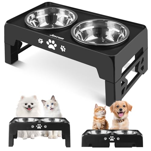 Jovrun Elevated Dog Bowls for Small Dogs and Cats, Non-Slip Cat Bowls with 2 Thick 5.5" Stainless Steel Dishes, Dog Feeder 2 Heights Adjustable to 2.6"-5.3"