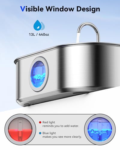 3.4Gal Dog Water Fountain for Large Dogs, 13L Stainless Steel Large Pet Fountain with Deeper & Wider Drinking Area, Automatic Dog Water Bowl Dispenser with Water Window & LED, Super Quiet