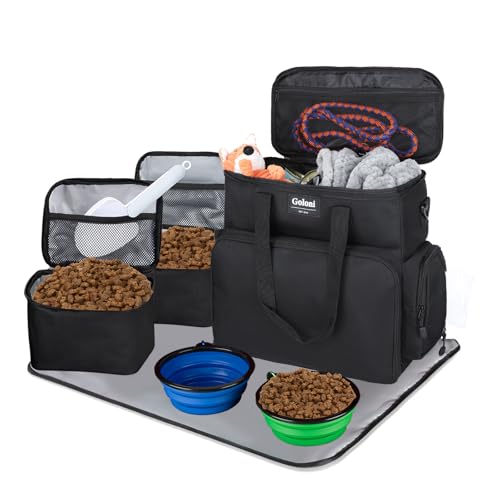 Dog Travel Bag Airline Approved–Pet Travel Tote with Collapsible Bowls,Food Containers & Feeding Mat–Multi-Pocket Organizer for Dogs & Cats, Durable & Water-Resistant for Hiking,Trips,Outdoors
