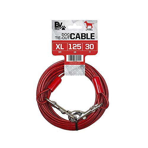 BV Dog Tie Out Cable 30 Feet - Heavy Duty Dog Lead Up to 125 Pounds - Reflective & Rust-Free with Quick Release Swivel Clips & 360° Rotating Clasp - Tangle-Free Dogs Runner for Yard (Red, Single)