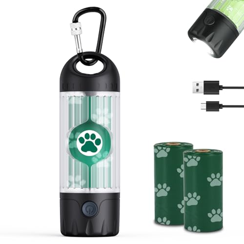 Tubasion 3-in-1 Dog Poop Bag Holder with Flashlight 7-Color, USB-C Rechargeable doggie bag holder for leash, IPX6 Waterproof Anti-Slip Clip Pet Waste Bag Dispenser for Walking (1 Dispenser, 30 Bags)