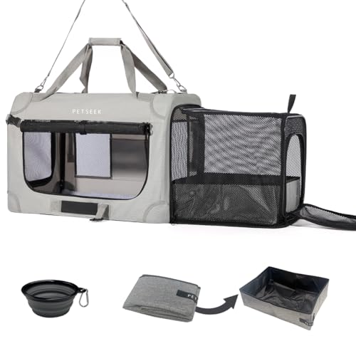 Petseek Extra Large Expandable Cat Carrier Soft Sided for Car, Portable Small Dog Carrier for 2 Cats, 24"x16.5"x16" Road Travel Folding Comfortable Design with Litter Box and Bowl