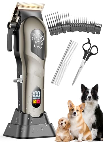 Dog Clippers for Grooming, Dog Grooming Kit, Low Noise, Thick Fur, Gunmetal | IPX7 waterproof rechargeable cordless trimmer, stainless steel blade, 6 guide combs, dual charging via dock or USB cable