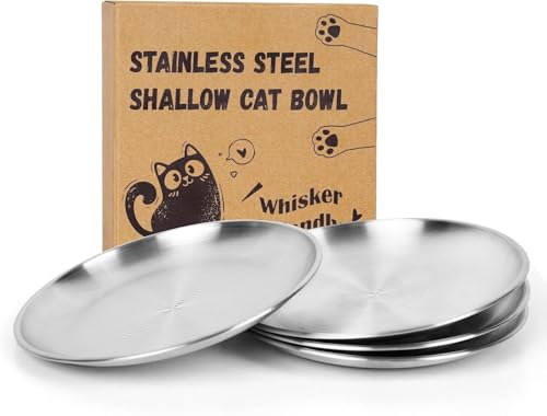 Petdream 4-Pack Stainless Steel Cat Food Bowls, Whisker-Friendly Plates | Non-Slip Silicone Shallow Base Metal Dishes, Easy to Clean Indoor Feeding Flat Plates for Cat, Kitten, Small Dog (6.7")