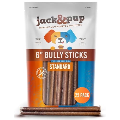 Jack&Pup 6 Inch Standard Bully Sticks for Dogs (25 Pack) Odor Free Bully Sticks for Large Dogs, All Natural Beef Pizzle Sticks