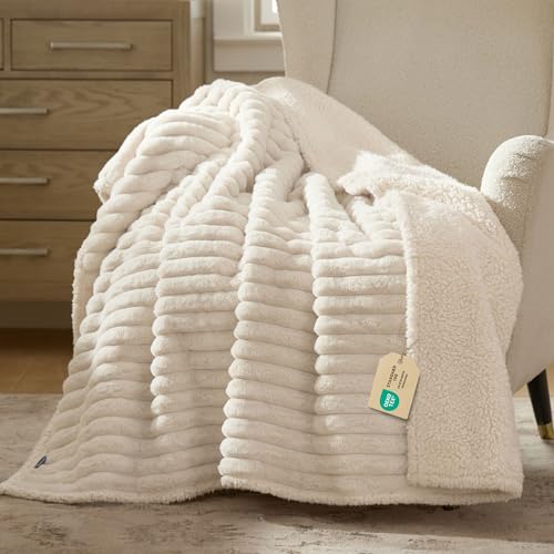 Bedsure ComfyFleece™ Waterproof Dog Blankets for Large Dogs - Soft Pet Cat Blanket Corduroy Fleece for Couch Bed Protector Washable, Cozy Calming Reversible Furniture Protection,50"x60", Cream