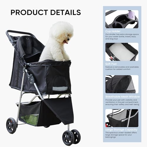 KMFurnila 3 Wheel Pet Stroller for Dogs and Cats, Foldable Design