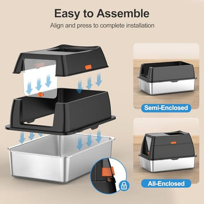 Stainless Steel Litter Box with Lid,Front Entry Top Exit Kitty LitterBox,Extra Large Enclosed Metal Cat Box with Litter Scoop & Litter Mat-Black