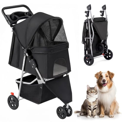 KMFurnila 3 Wheel Pet Stroller for Dogs and Cats, Foldable Design