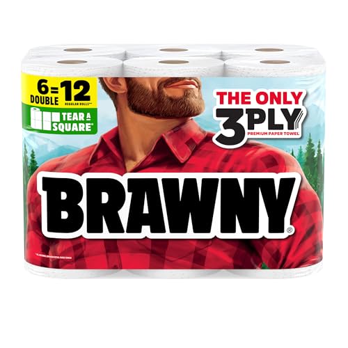 Brawny Tear-A-Square 3-Ply Paper Towels, 6 Double Rolls = 12 Regular Rolls