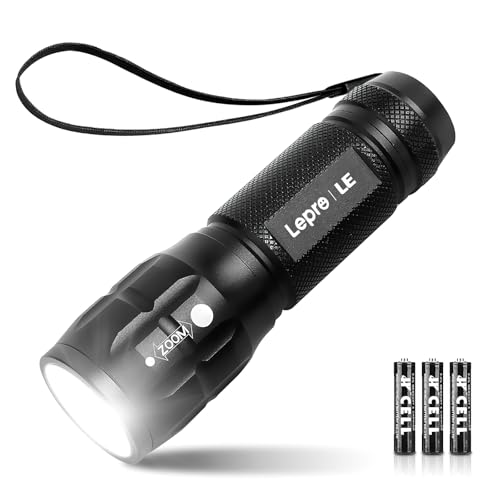 Lepro LED White Light Flashlight, High Lumens Waterproof Adjustable Focus | Small, lightweight. For outdoor, camping, emergency, tactical use. AAA batteries included. Adjustable zoom focus.