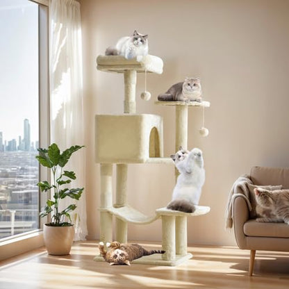Sweetcrispy 44 Inch Cat Tree Tower, Cat Climbing Tower with Natural Sisal Scratching Posts, Hammock, Pet Condo for Indoor Cats and Kittens Play, Beige