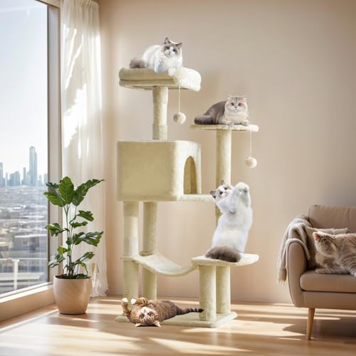 Sweetcrispy 44 Inch Cat Tree Tower, Cat Climbing Tower with Natural Sisal Scratching Posts, Hammock, Pet Condo for Indoor Cats and Kittens Play, Beige