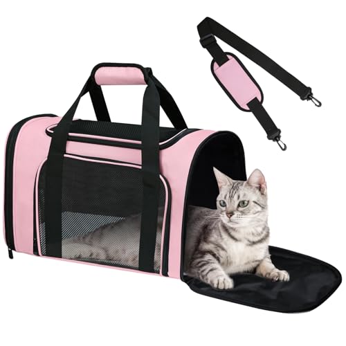 Cat Carrier Soft Up to 16 Lbs, Breathable Pet Travel Bag with Steel Frame | Lockable Zippers, Fits Small Dog, Kitten, Puppy,Rabbit,Medium Travel Carrying Case for Kennel Car Airline Transport，Pink