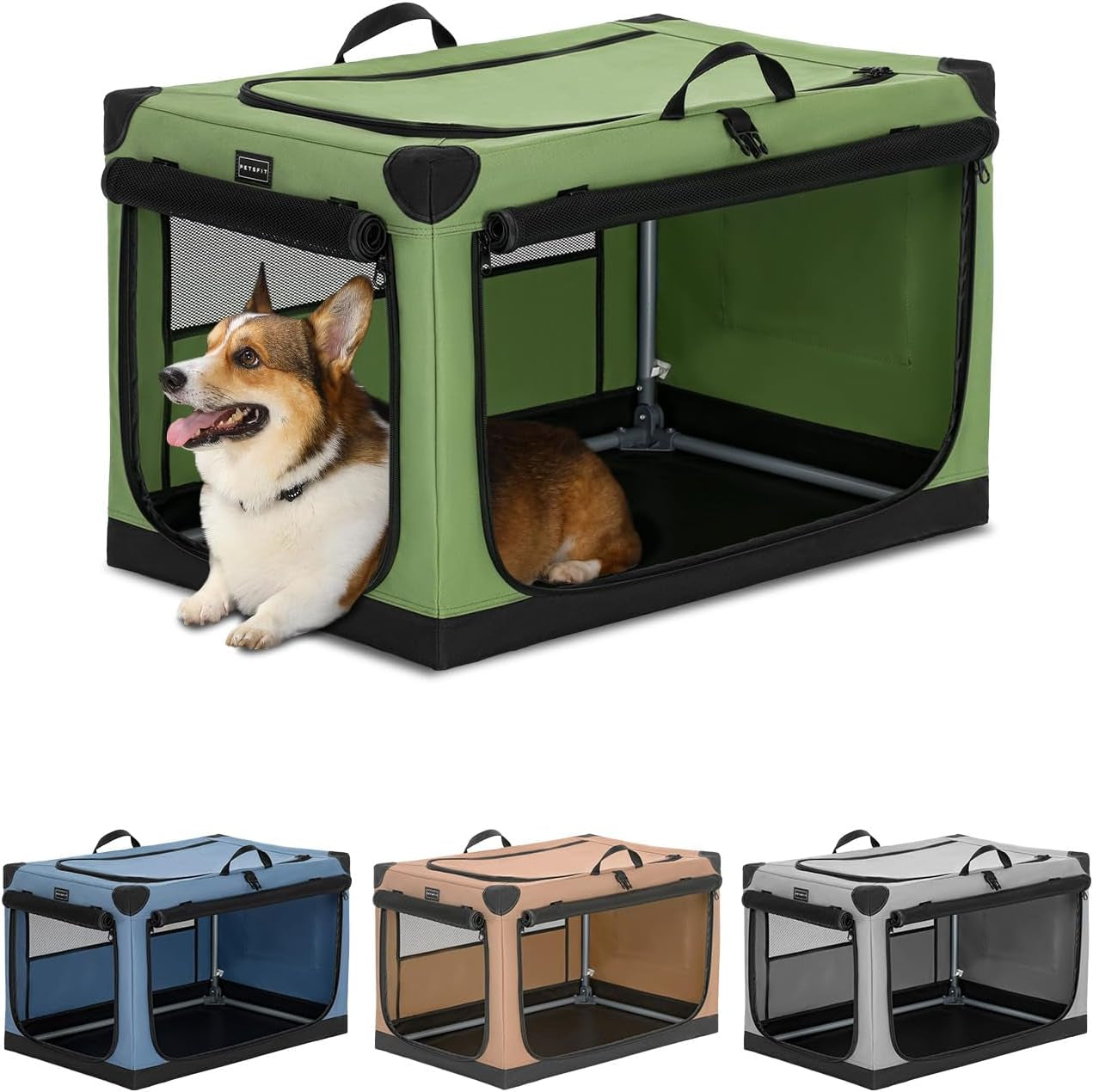 Petsfit 30 Inch Soft Dog Crate, Adjustable Fabric Cover by Spiral Iron Pipe, Chew Proof 3 Door Design, Travel Collapsible Dog Kennel Green