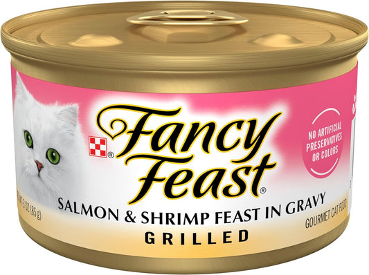 Purina Fancy Feast Grilled Wet Cat Food Salmon and Shrimp Feast in Wet Cat Food Gravy - (Pack of 24) 3 Oz. Cans