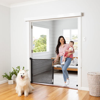 Retractable Baby Gate Perma Child Safety 33" Tall X 55” Wide, Mesh, for Stairs, Doorways, Dogs, Pets, Indoor, Outdoor, One-Handed Operation, Locking, Easy Install, Hardware Mount, Black