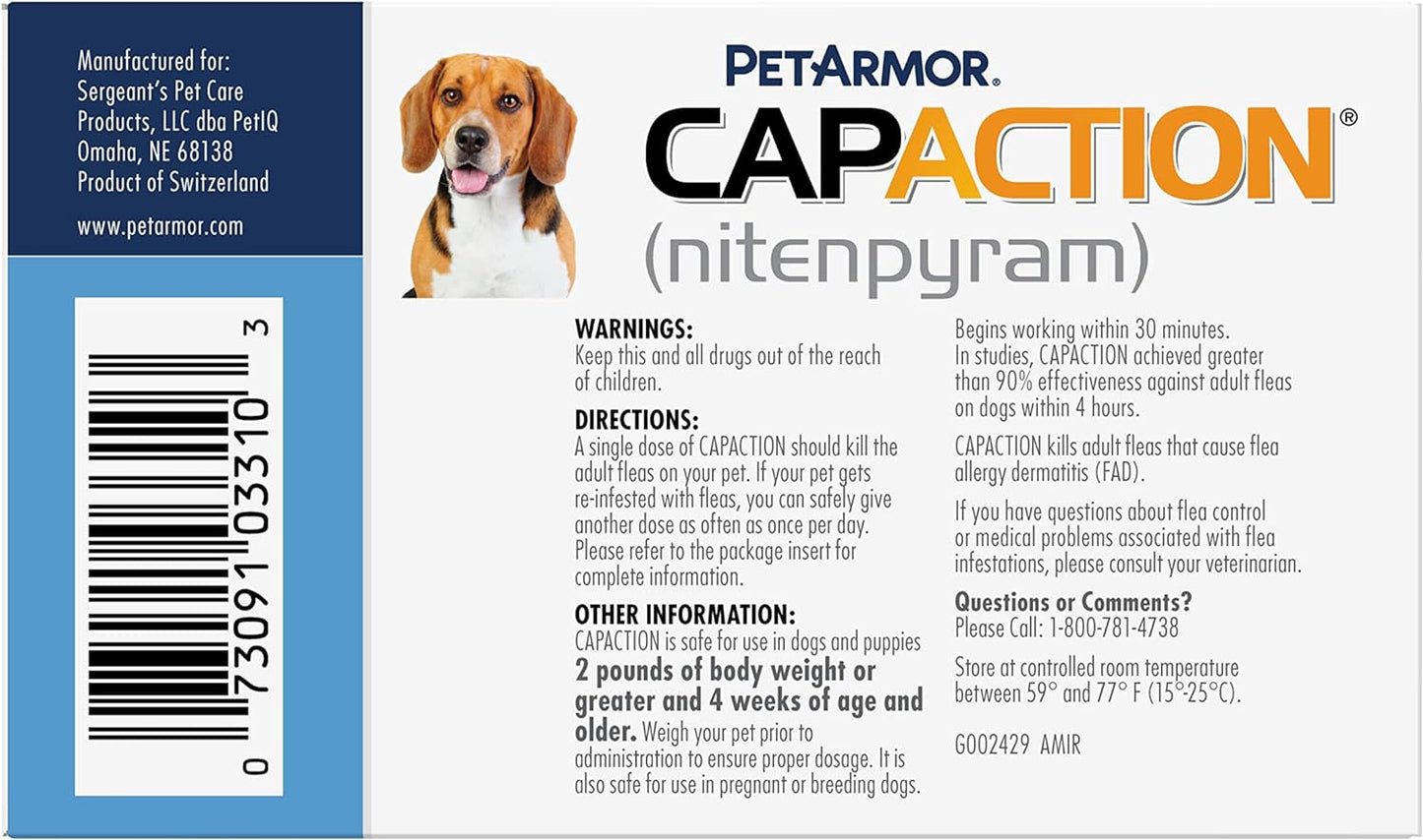 Petarmor CAPACTION (Nitenpyram) Oral Flea Treatment for Dogs, Fast Acting Tablets Start Killing Fleas in 30 Minutes, Dogs 2-25 Lbs, 6 Doses