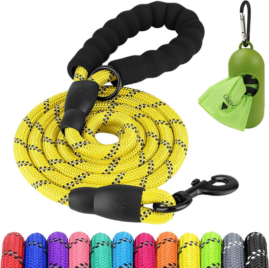 Joytale 6/5/4 FT Leashes for Small Medium Breed Dogs, Heavy Duty Nylon Braided Rope Dog Leash, Comfortable Padded Handle Strong Leashes with Poop Bags and Dispenser, Yellow, 6'×3/8''