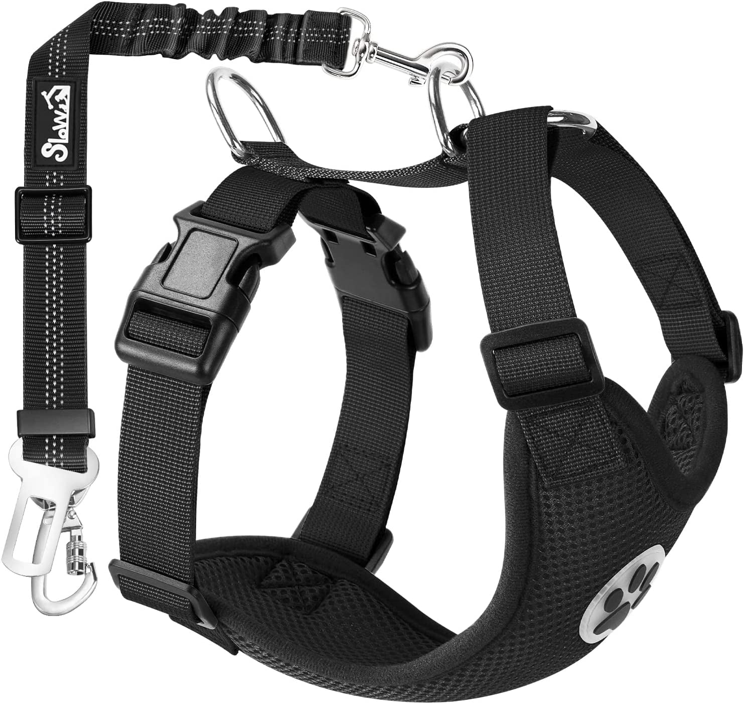 Slowton Dog Seat Belt Harness for Car, Dog Car Harness Adjustable Mesh Breathable & Dog Seatbelt Safety Tether with Elastic Bungee for Small Medium Large Pets(Black, Double Clip, M)