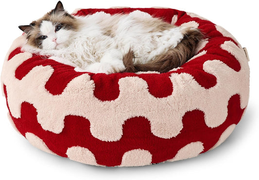 Lesure Donut Small Dog Bed - round Cat Beds for Indoor Cats Anti-Anxiety Calming Pet Beds, Washable Cute Modern Beds with Teddy Sherpa Plush & anti Slip Bottom Red