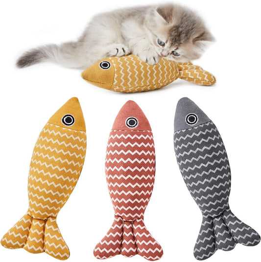 Potaroma Cat Toys Fish, 3 Pcs Crinkle Sound Catnip Toys Soft Linen, Interactive Kitten Exercise Kicker Toys for Indoor Cats 7.8 Inches for All Breeds