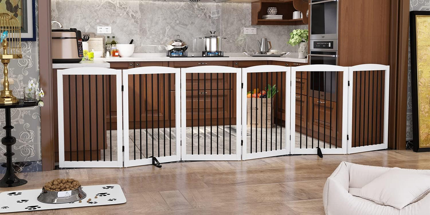 Freestanding Pet Gate for Dogs, Indoor Wooden Dog Gate for House, Extra Wide Dog Gate, Foldable Dog Gate for Stairs, Doorways, Halls, Support Feet Included, 120 Inch Wide, 6 Panels 32", White