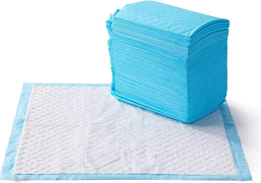 Amazon Basics Dog and Puppy Pee Pads with Leak-Proof Quick-Dry Design for Potty Training, Heavy Duty Absorbency, Regular Size, 24 X 23 Inches, Pack of 50, Blue & White