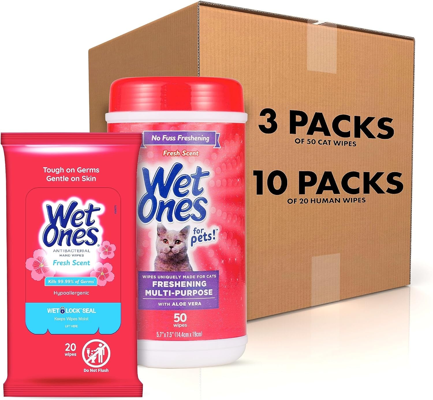 Wet Ones Mixed 13 Piece Bundle of Human & Cat Wet Wipes, Fresh Scent | 10 Packs Antibacterial Hand and Face Wipes, 20Ct plus 3 Packs for Pets Multipurpose Cat Wipes, 50Ct