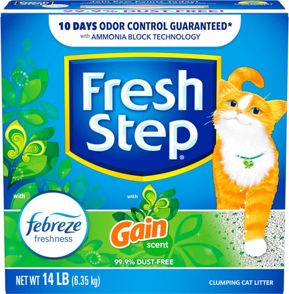 Fresh Step Clumping Cat Litter with Febreze Gain Scent, Activated Charcoal for Odor Control, 14 Pounds