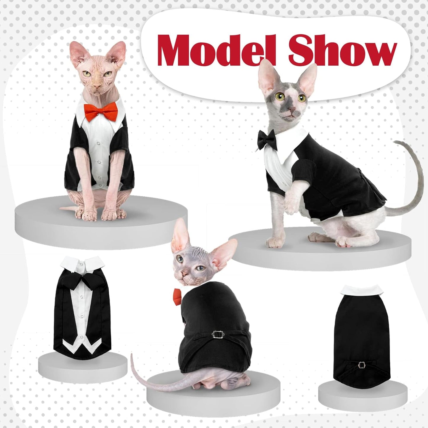 Bonaweite Hairless Cat Tuxedo Shirt，Cat Clothes for Cats Only Cat Wedding Outfit Suit with 2 Pcs Bow Tie,Kitten Formal Onesie Attire Costumes for Sphynx, Cornish Rex, Devon Rex, Peterbald