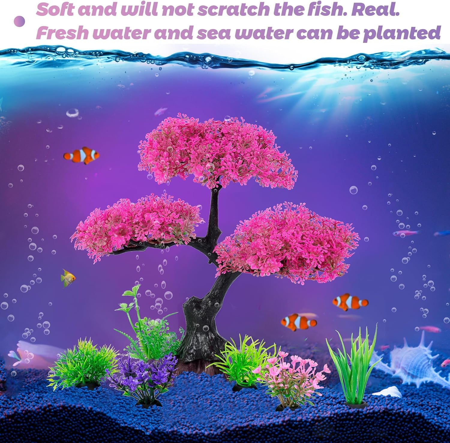 Ameliade Aquarium Artificial Plastic Plants Decoration, Pink Cherry Blossom Tree & Grass Aquarium Decor Set, Goldfish Betta Fish Tank Decorations Hides Accessories（Pink