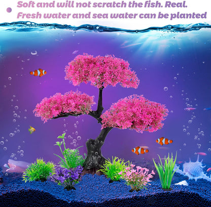 Ameliade Aquarium Artificial Plastic Plants Decoration, Pink Cherry Blossom Tree & Grass Aquarium Decor Set, Goldfish Betta Fish Tank Decorations Hides Accessories（Pink