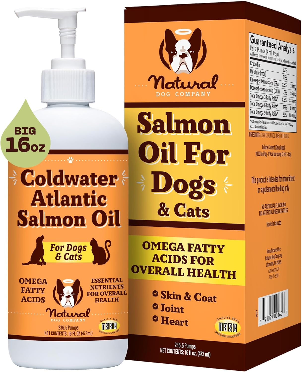 Natural Dog Company Coldwater Atlantic Salmon Oil for Dogs (16Oz) - Dog Fish Oil Supplement with Omega 3 - Easy Pump Bottle - Skin & Coat, Immune Health, Liquid Fish Oil Joint Support Supplement