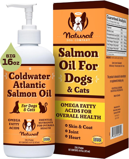 Natural Dog Company Coldwater Atlantic Salmon Oil for Dogs (16Oz) - Dog Fish Oil Supplement with Omega 3 - Easy Pump Bottle - Skin & Coat, Immune Health, Liquid Fish Oil Joint Support Supplement