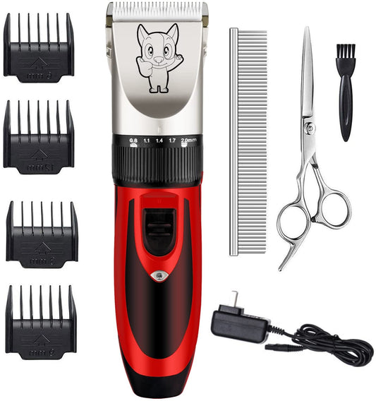 Dog Grooming Kit Clippers, Low Noise, Electric Quiet, Rechargeable, Cordless, Pet Hair Thick Coats Clippers Trimmers Set, Suitable for Dogs, Cats, and Other Pets(Red)