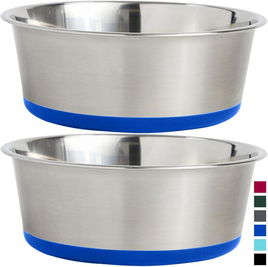 Gorilla Grip Stainless Steel Metal Dog Bowl Set of 2, Rubber Base, Heavy Duty, Rust Resistant, Food Grade BPA Free, Less Sliding, Quiet Pet Bowls for Cats and Dogs, Holds 8 Cups (64 Fl Oz), Royal Blue