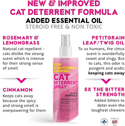 Cat Deterrent Spray with Rosemary Oil, Lemongrass & Cinnamon to Stop Cat Scratching Furniture, Plants, Floors and More - Non-Toxic - Made in USA